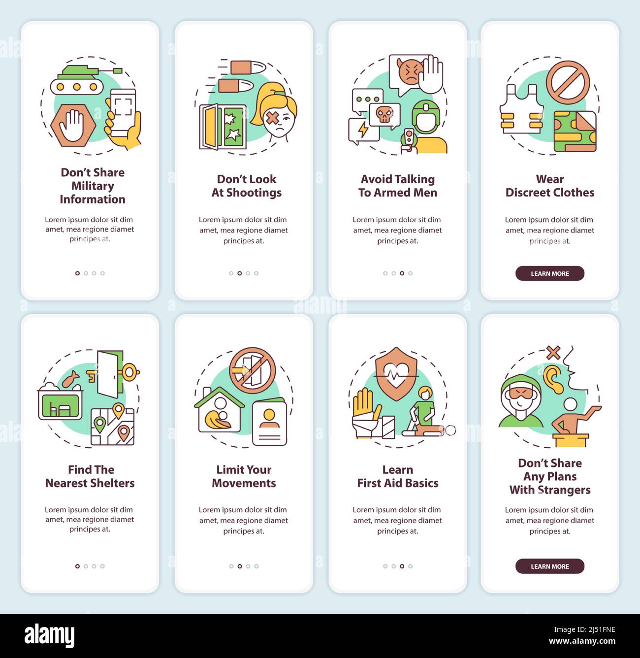 Actions during military conflict onboarding mobile app screen set Stock ...
