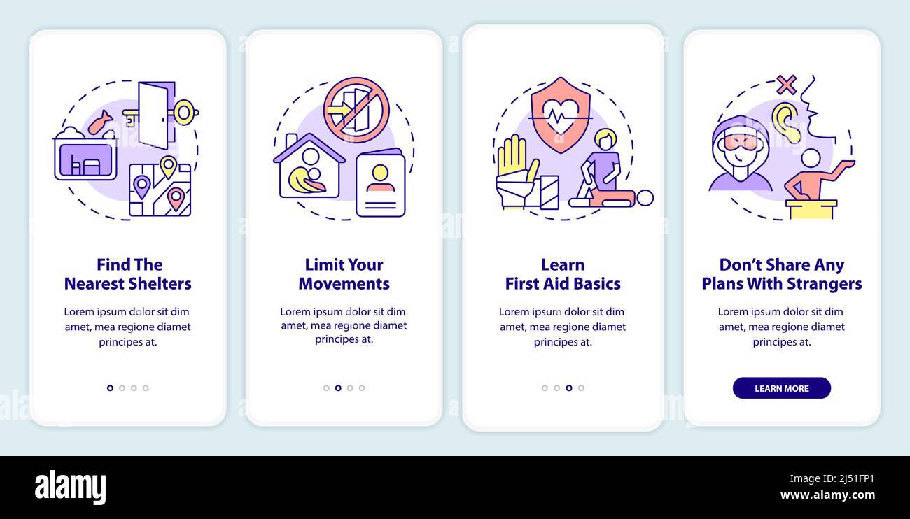 Actions to stay safe during war onboarding mobile app screen Stock ...