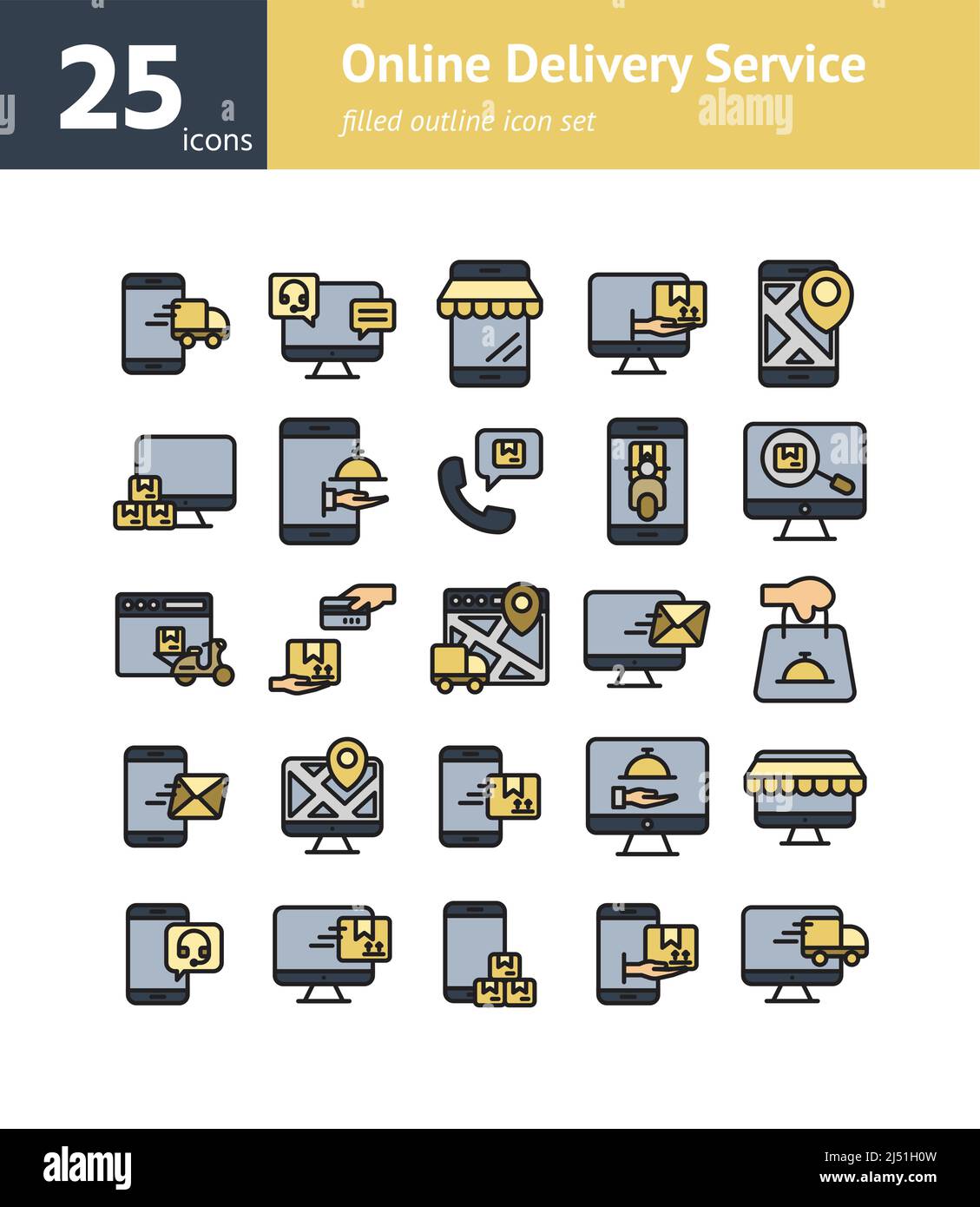 Online Delivery Service filled outline icon set. Vector and Illustration. Stock Vector