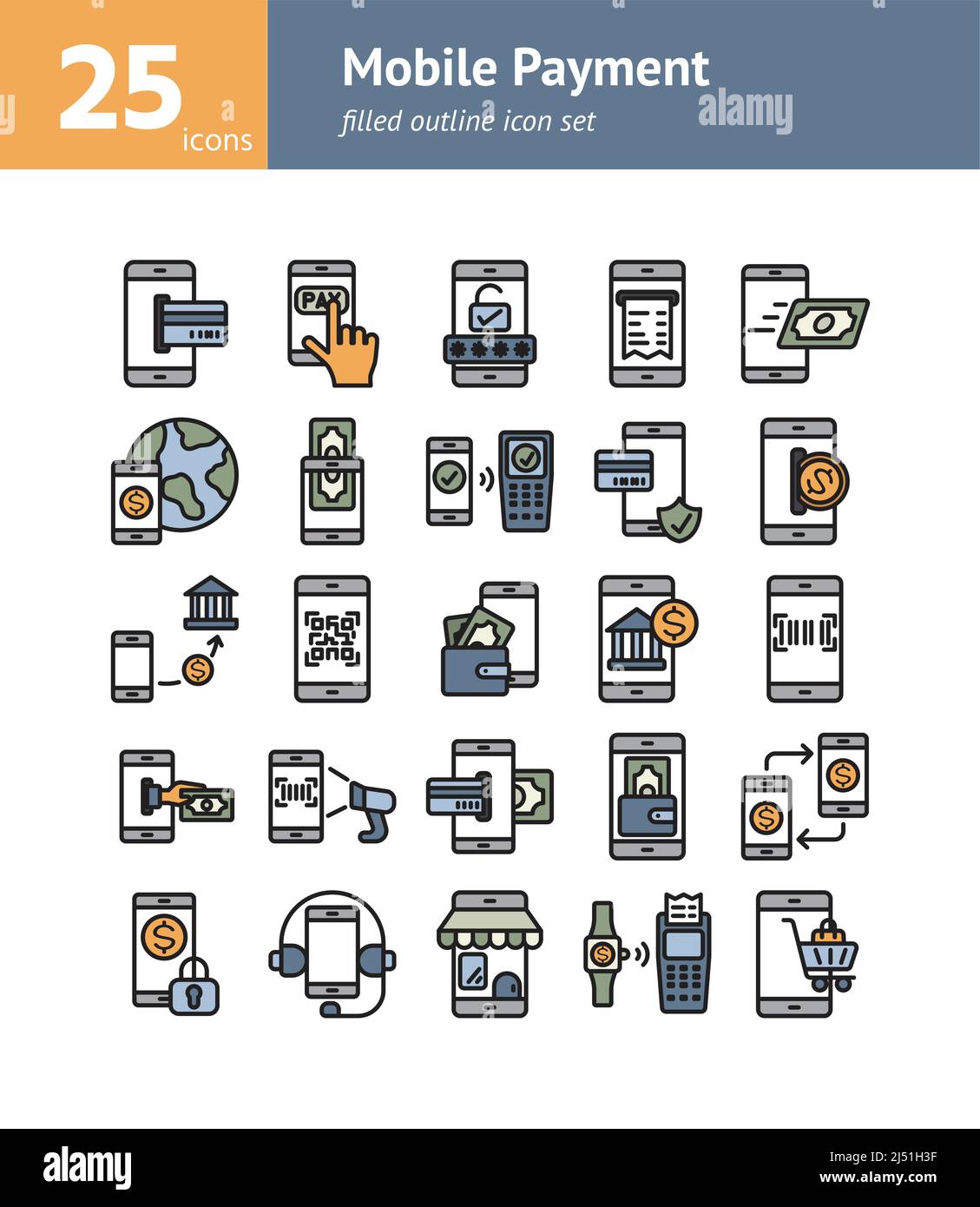 Mobile Payment filled outline icon set. Vector and Illustration. Stock Vector