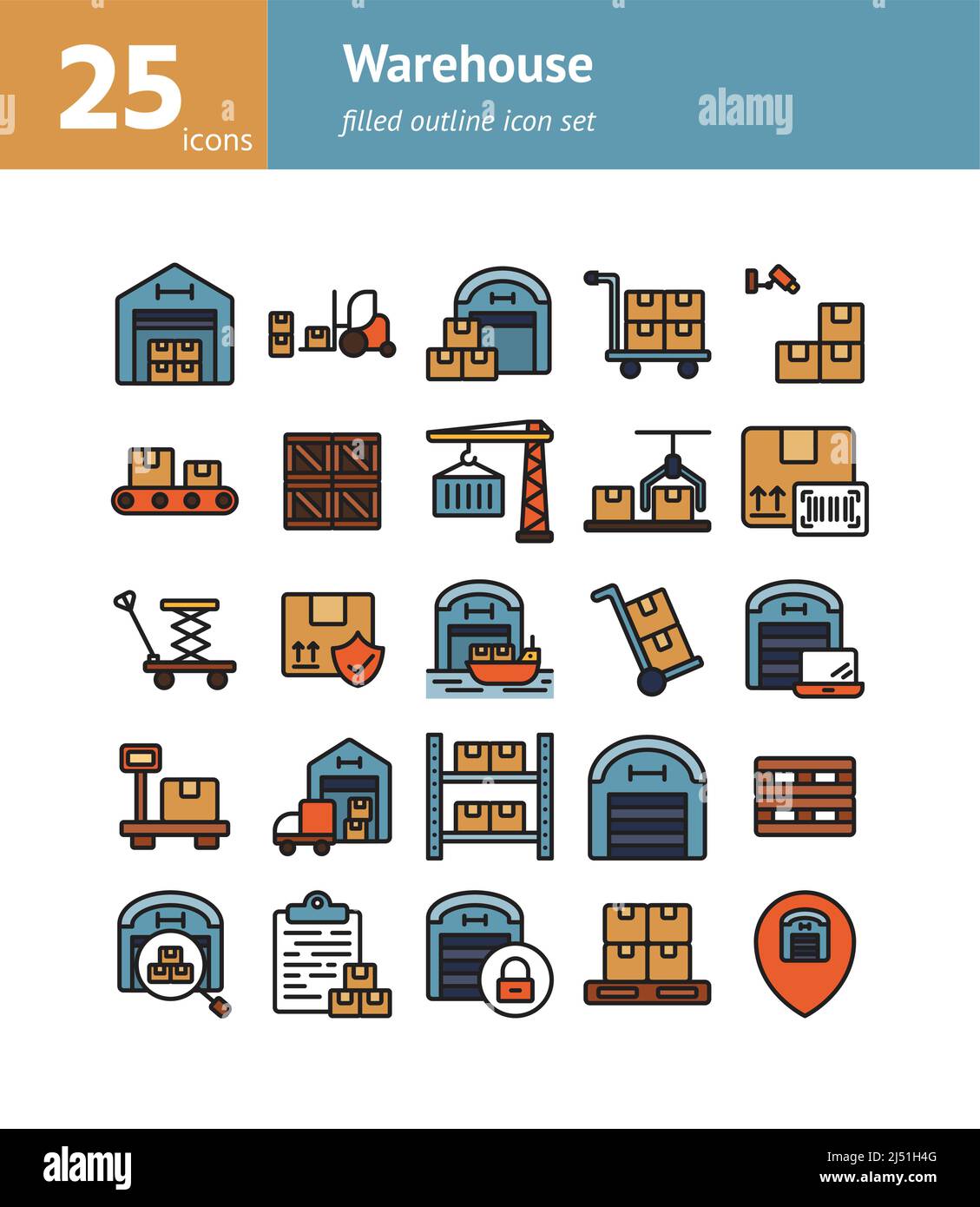 Warehouse filled outline icon set. Vector and Illustration. Stock Vector