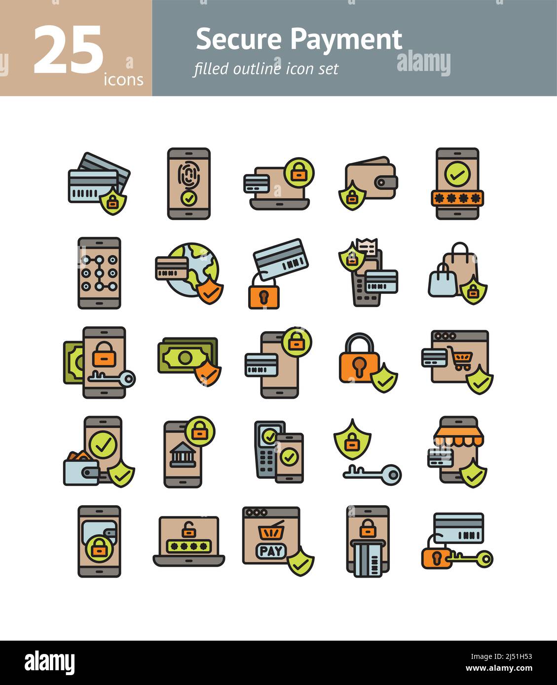 Secure Payment filled outline icon set. Vector and Illustration. Stock Vector