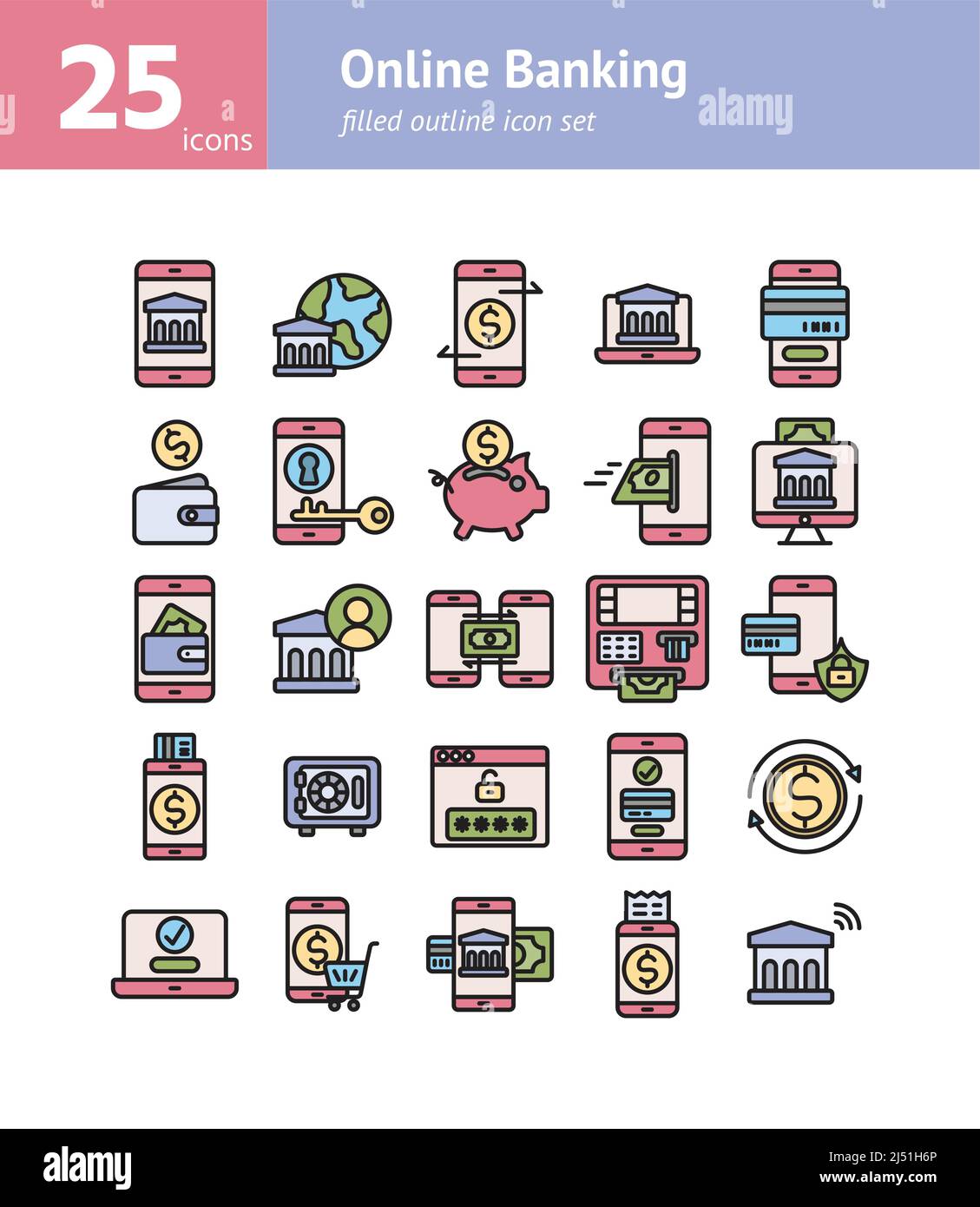 Online Banking filled outline icon set. Vector and Illustration. Stock Vector