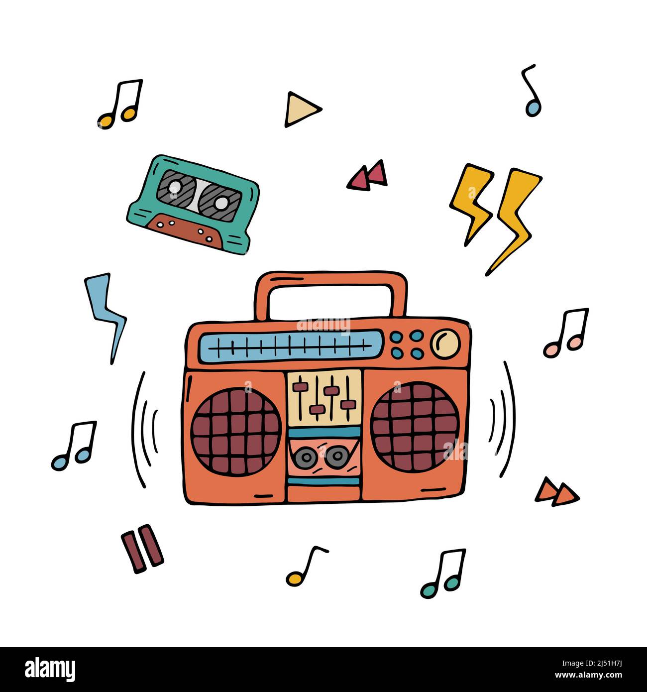 Boombox and audio tape doodle isolated. 90s music nostalgia. Vector colored doodle illustration of retro recorder from 1990s and 80s. Trendy vintage d Stock Vector