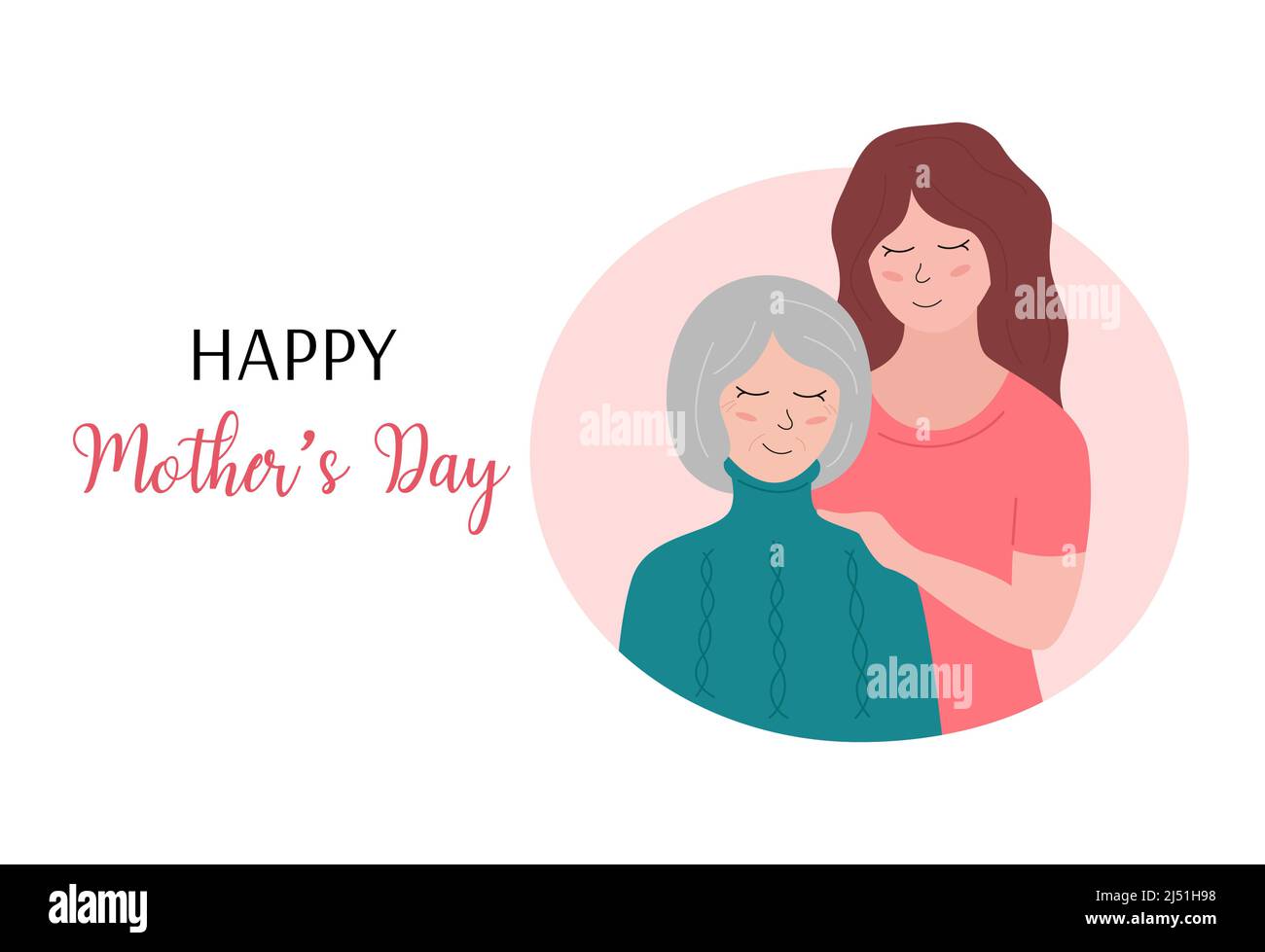 Happy Mothers Day greeting card. Elderly woman and adult daughter together. Smiling female family. Vector flat illustration. Mothers day holiday poste Stock Vector