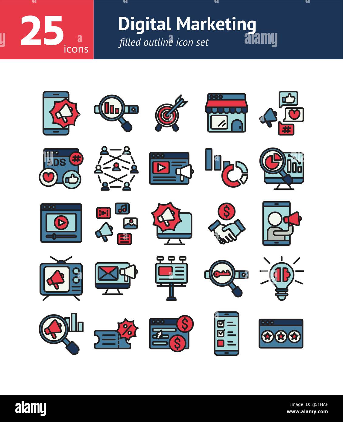 Digital Marketing filled outline icon set. Vector and Illustration. Stock Vector