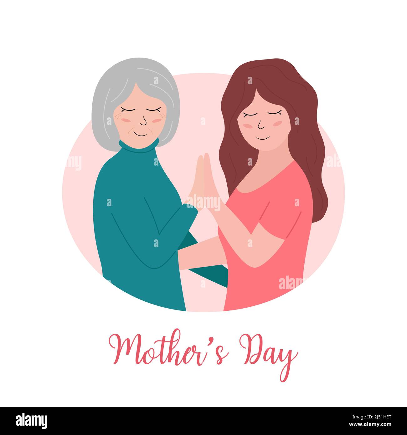 Mothers Day holiday poster, greeting card. Happy elderly woman and smiling adult daughter together. Two women hug. Vector flat illustration for Mother Stock Vector