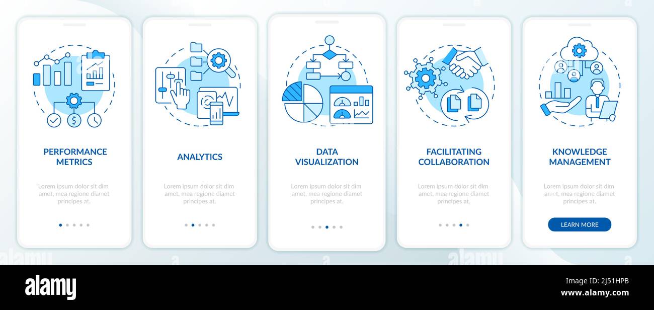 Business intelligence functions blue onboarding mobile app screen Stock Vector