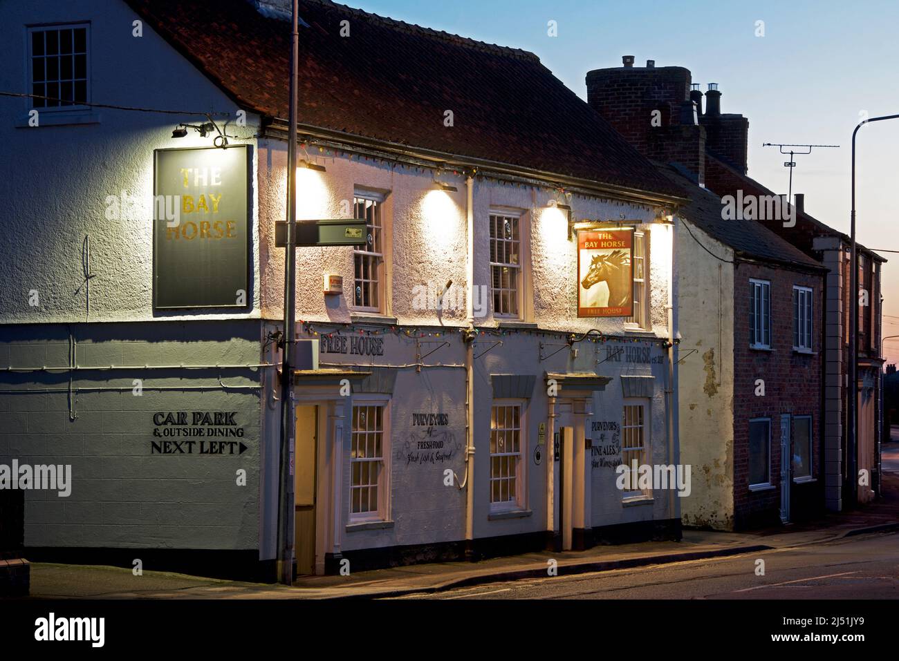 The Bay Horse pub in Market Weighton, at dusk, East Yorkshire, England