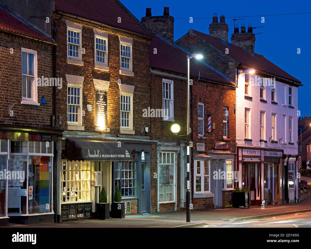 High Street at dusk, Market Weighton, East Yorkshire, England UK Stock