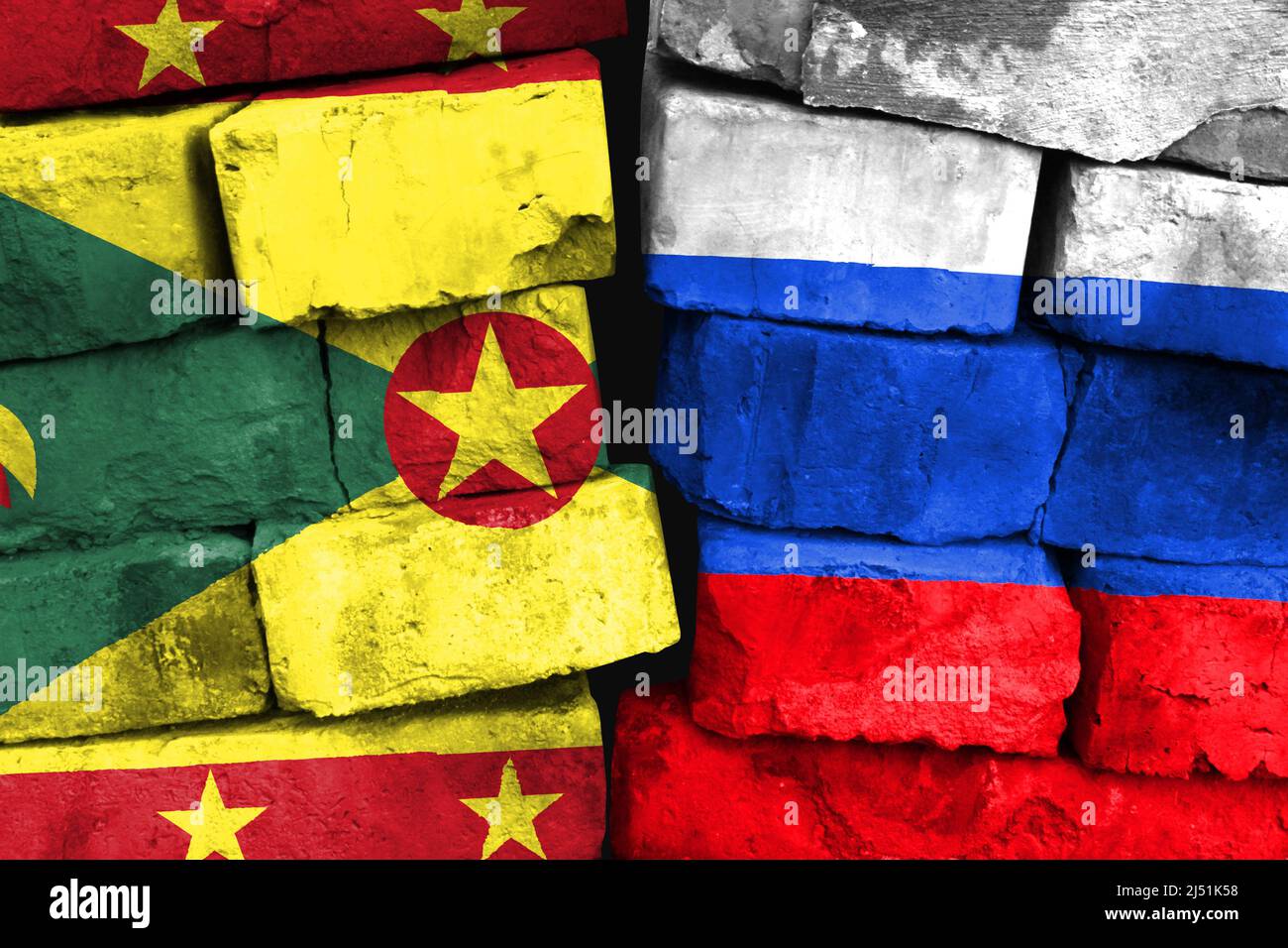 Concept of the relationship between Grenada and Russia with two painted flags on a damaged brick wall Stock Photo