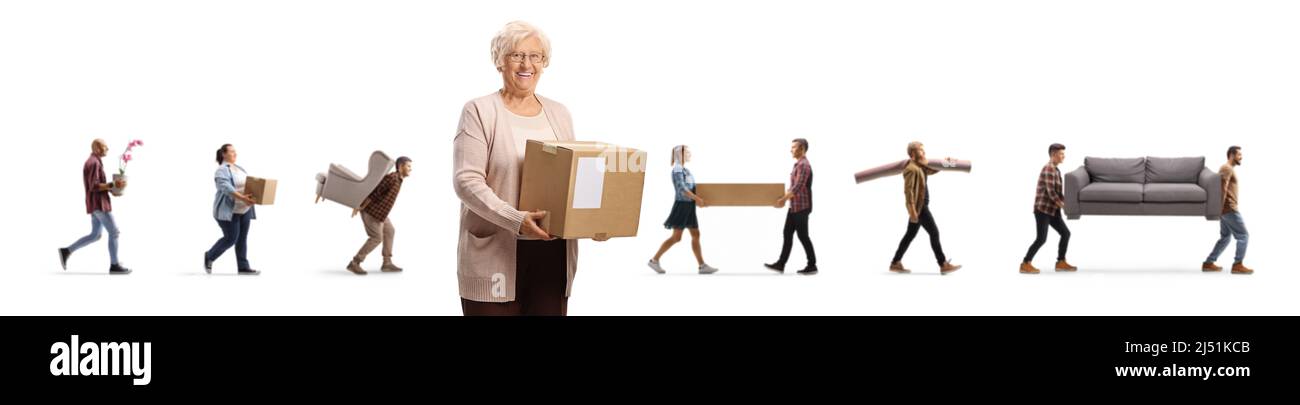 Elderly woman with a box and people moving items in the back isolated on white background Stock Photo