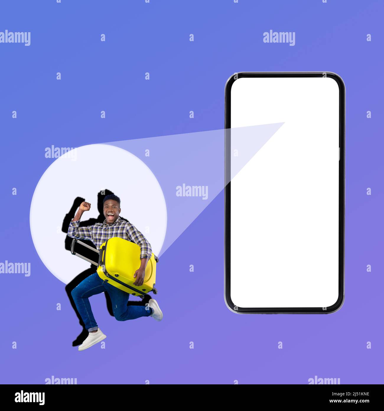 Black Tourist Man Near Big Smartphone Jumping On Blue Background Stock ...