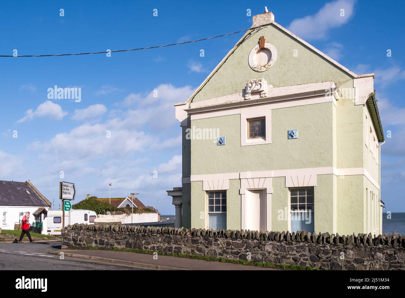 Masonic Hall in Ballywalter, County Down, Northern Ireland along the coast road at the entrance to Ballywalter harbour. Stock Photo
