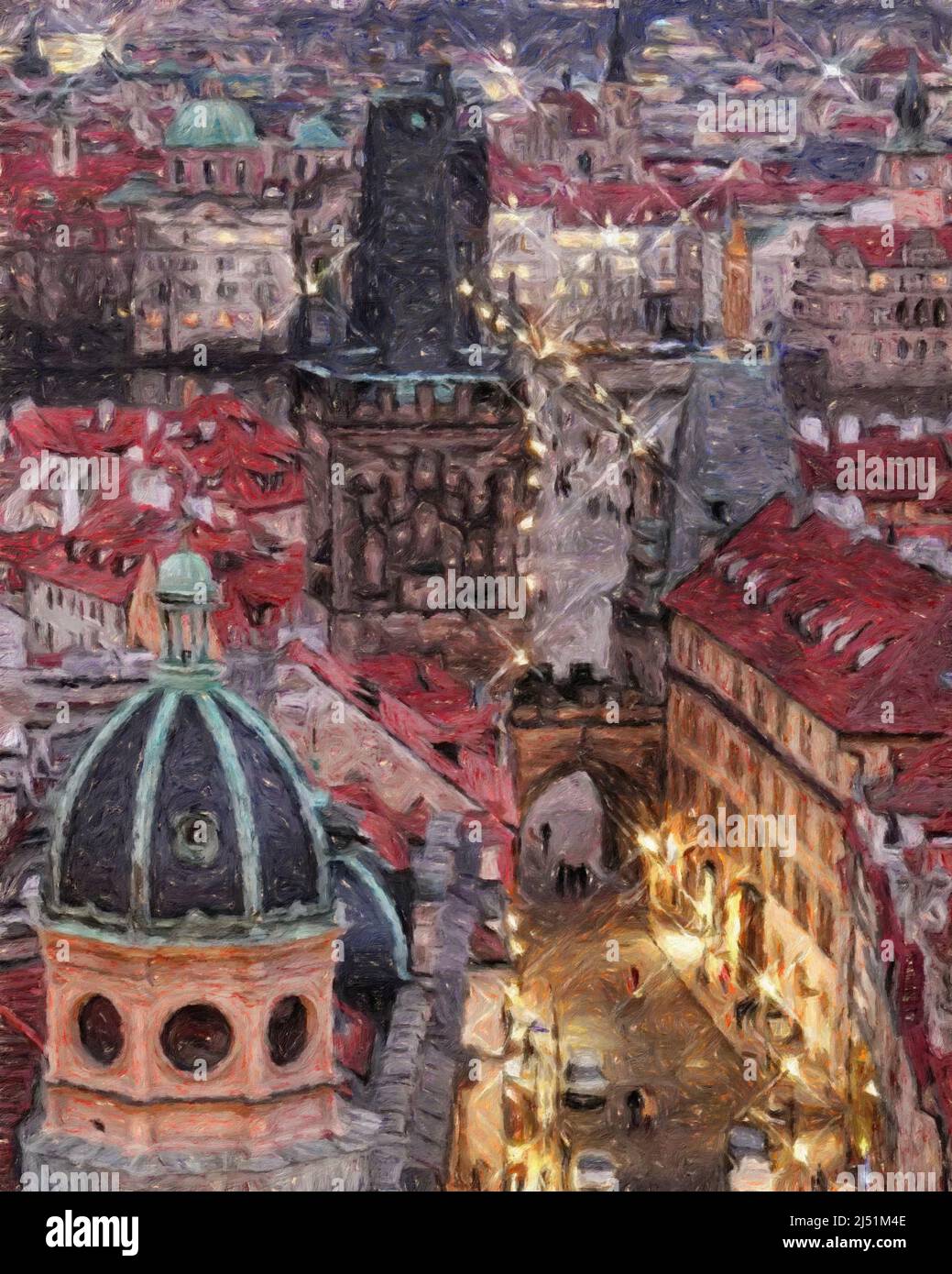 Real painting modern artistic artwork Prague Czechia drawing in oil city center vintage houses and architecture, Europe travel, wall art print Stock Photo