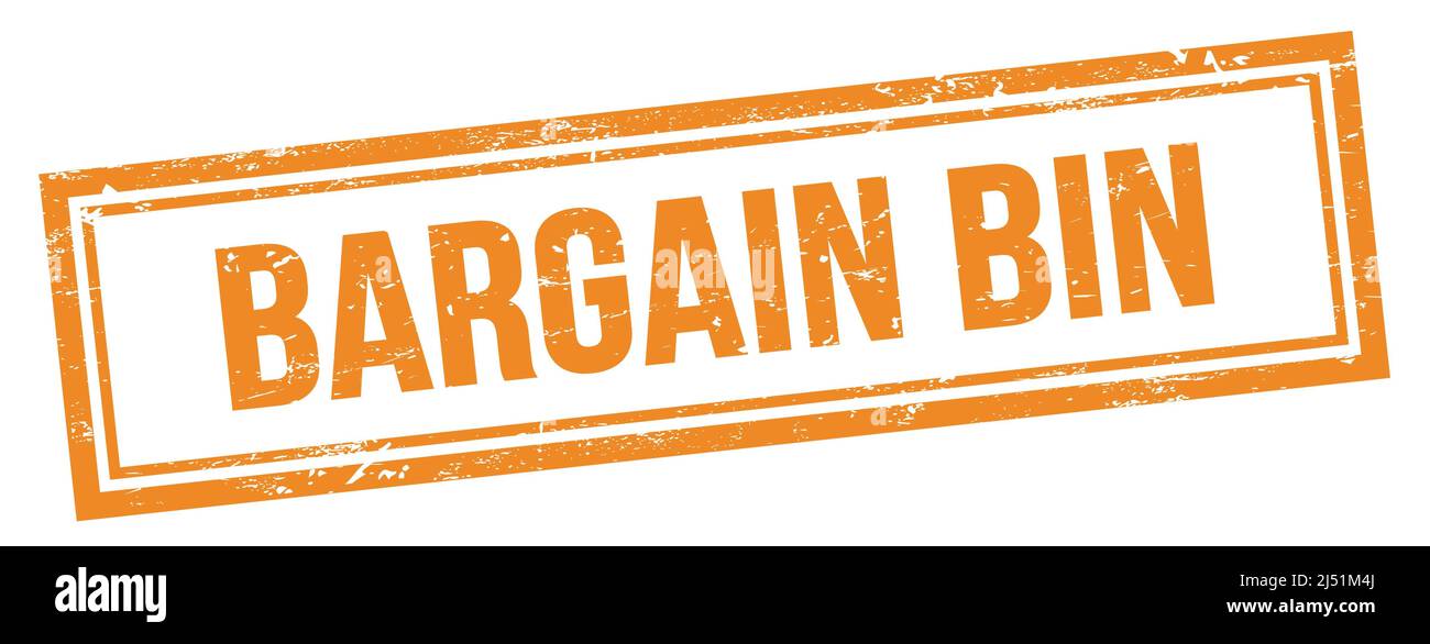 BARGAIN BIN text on orange grungy vintage rectangle stamp. Stock Photo