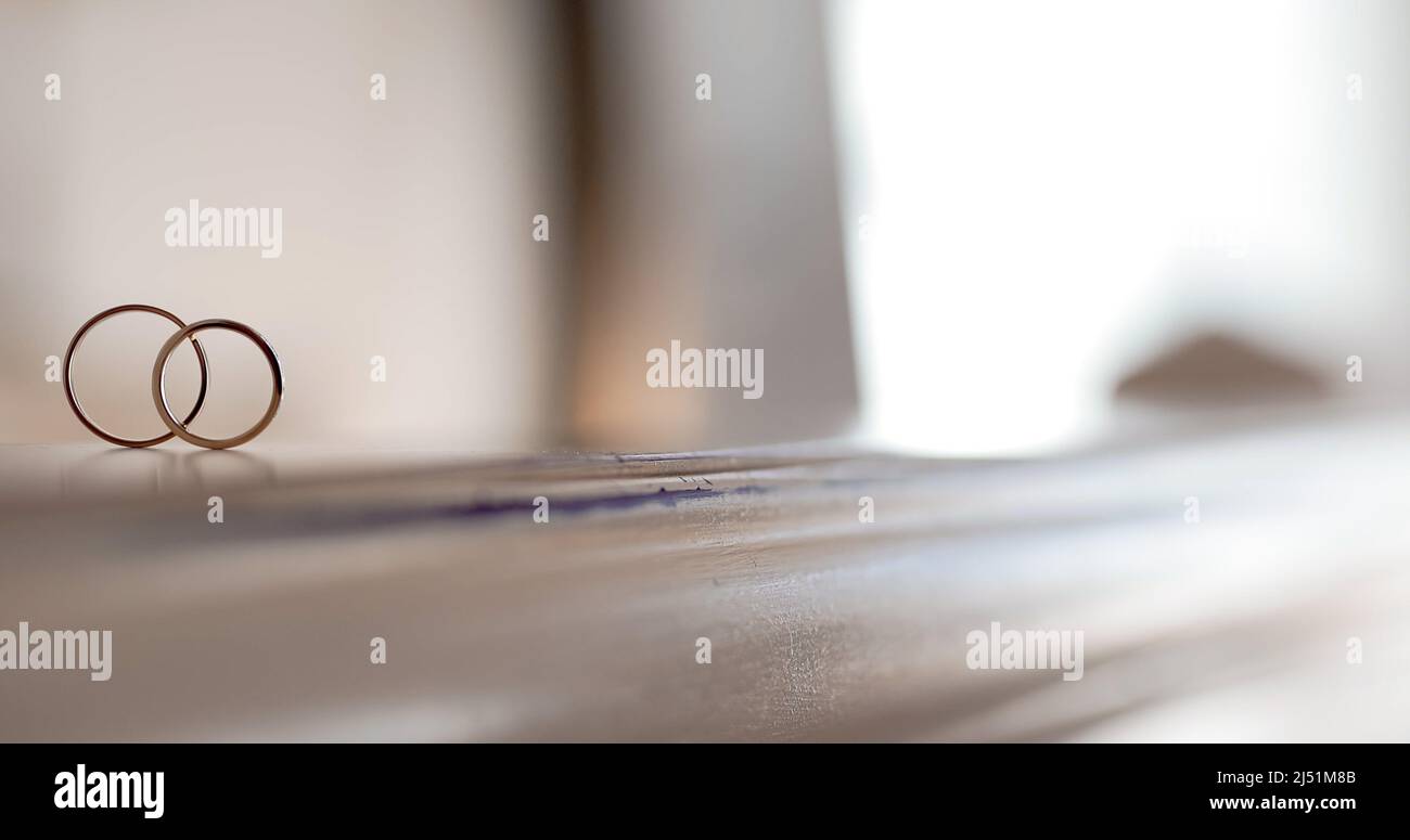 Wedding Rings on table, wedding preparations Stock Photo Alamy