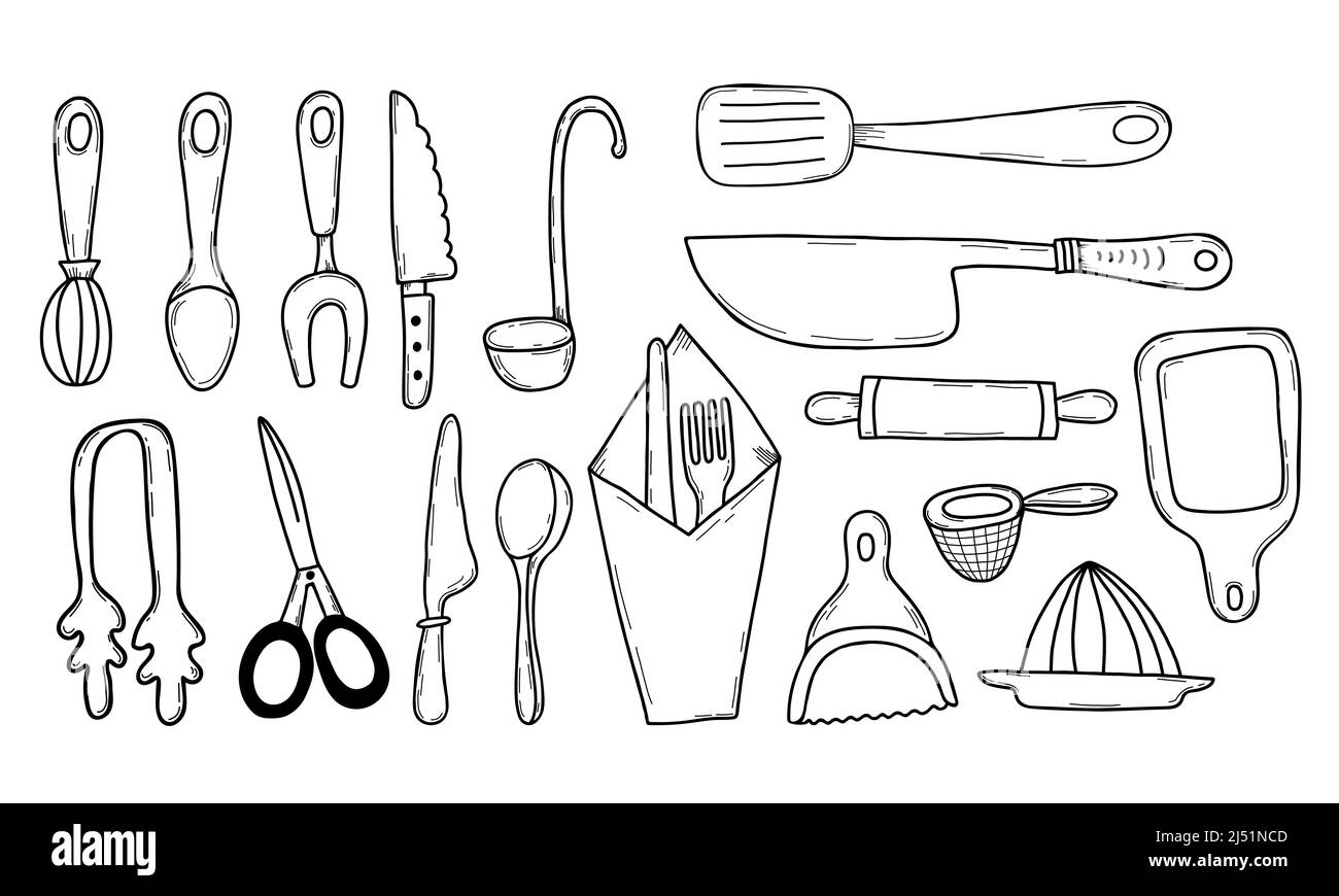 Cooking tools. Collection of kitchen utensils: knives, graters and peelers.  Hand drawn outlined style collection Stock Vector Image & Art - Alamy