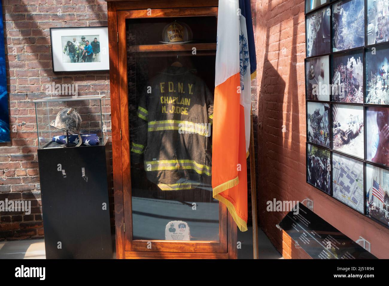 Mychal Judge, a chaplain serving the NYC Fire Department, died at the World Trade Center on 9/11 and is commemorated at the New York City Fire Museum. Stock Photo