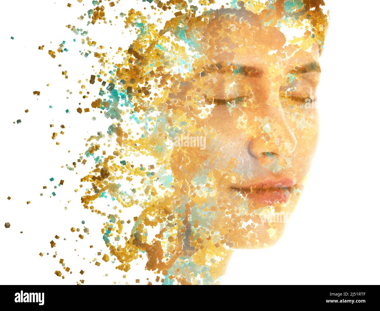 A portrait of young woman combined with digital graphics of countless particles Stock Photo