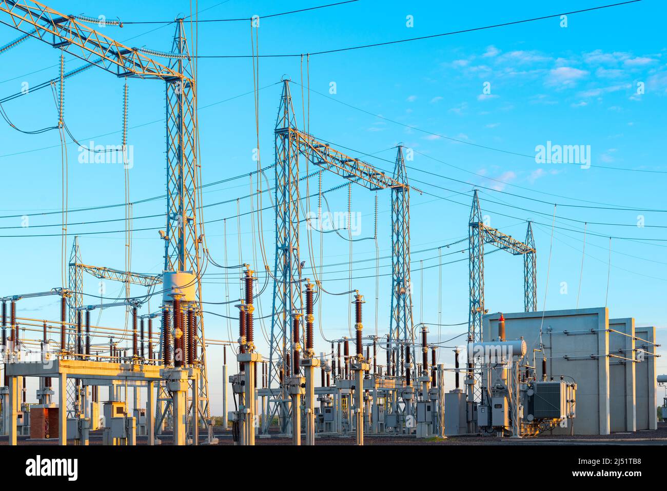 Power Transformer in High Voltage Electrical Outdoor Substation Stock Photo