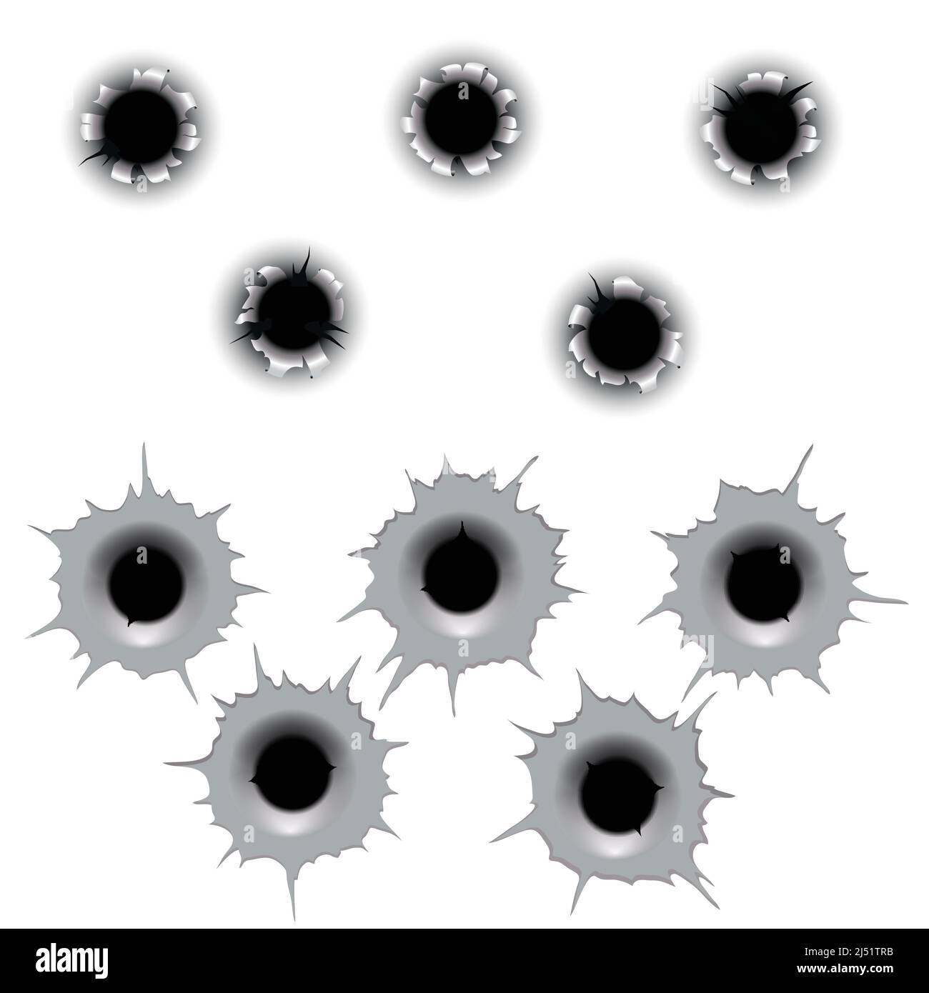 Metal bullet hole set vector. Input and output gunshot cracked bullets ...