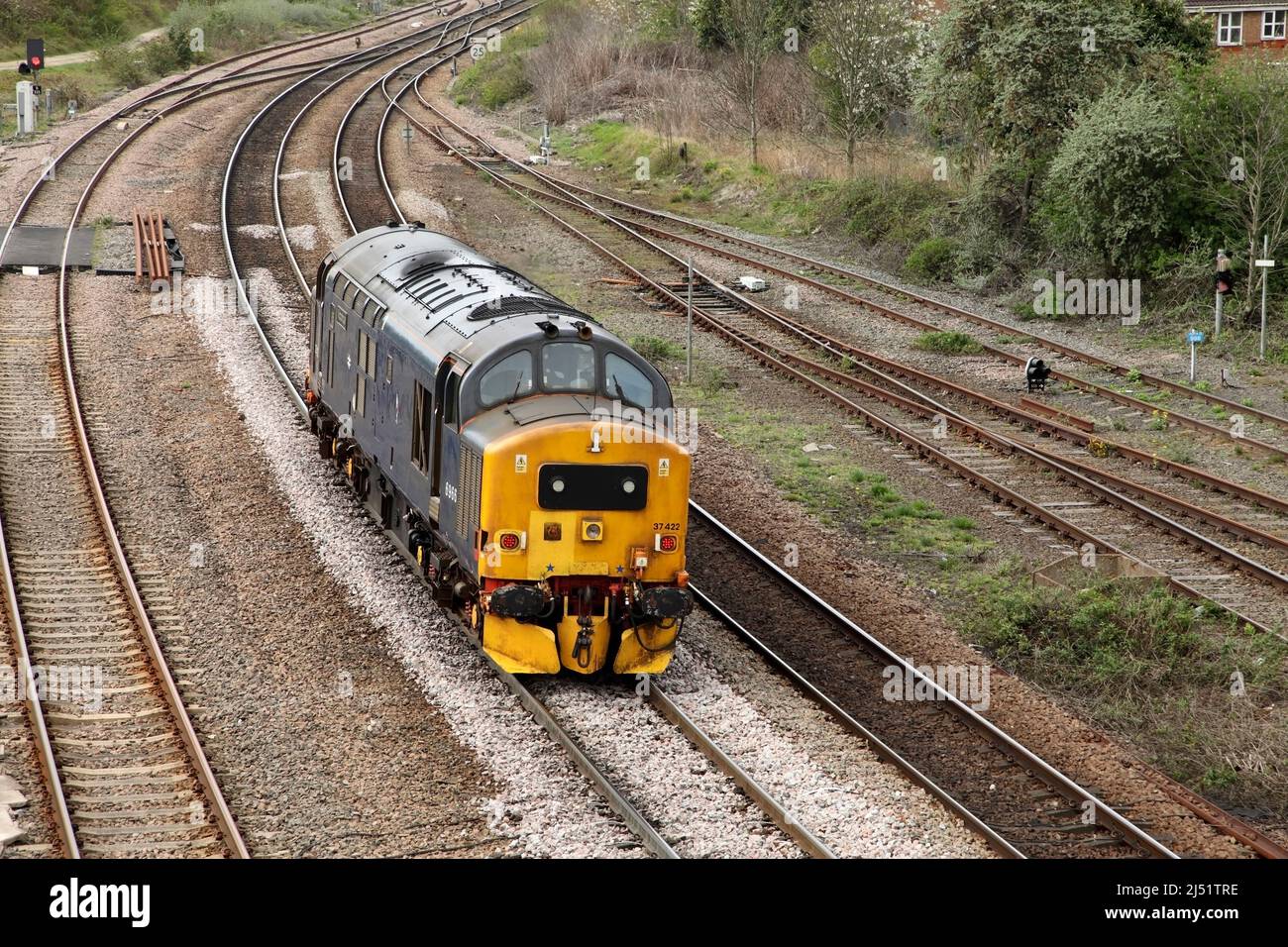 Direct Rail Services Class 37 loco 37422 forms the 1230 Scunthorpe Trent Yard to Doncaster light engine service through Scunthorpe on 19/4/22. Stock Photo