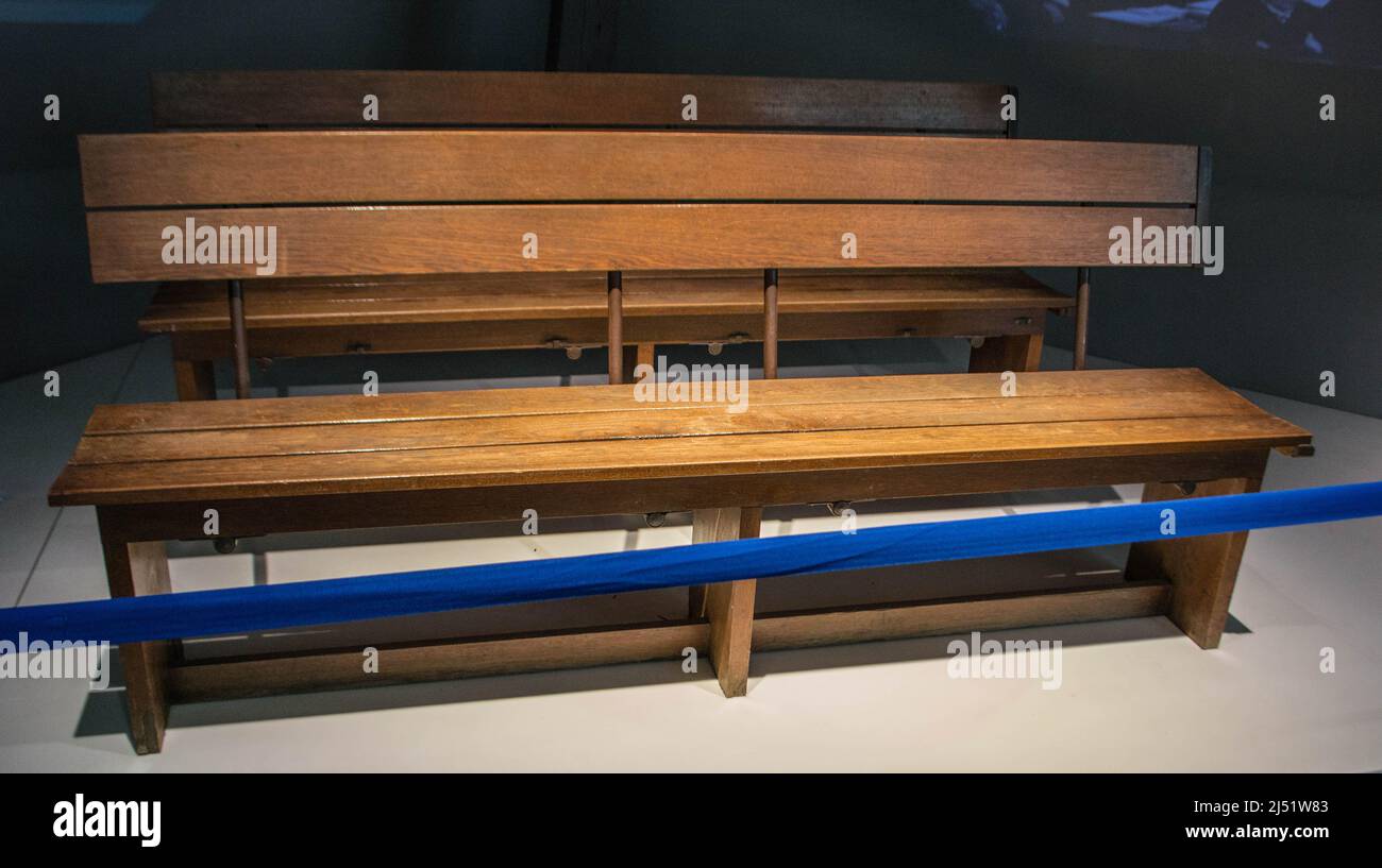Bench from Nuremberg courtroom 600, Memorium Nuremberg trials, Nuremberg, Germany Stock Photo