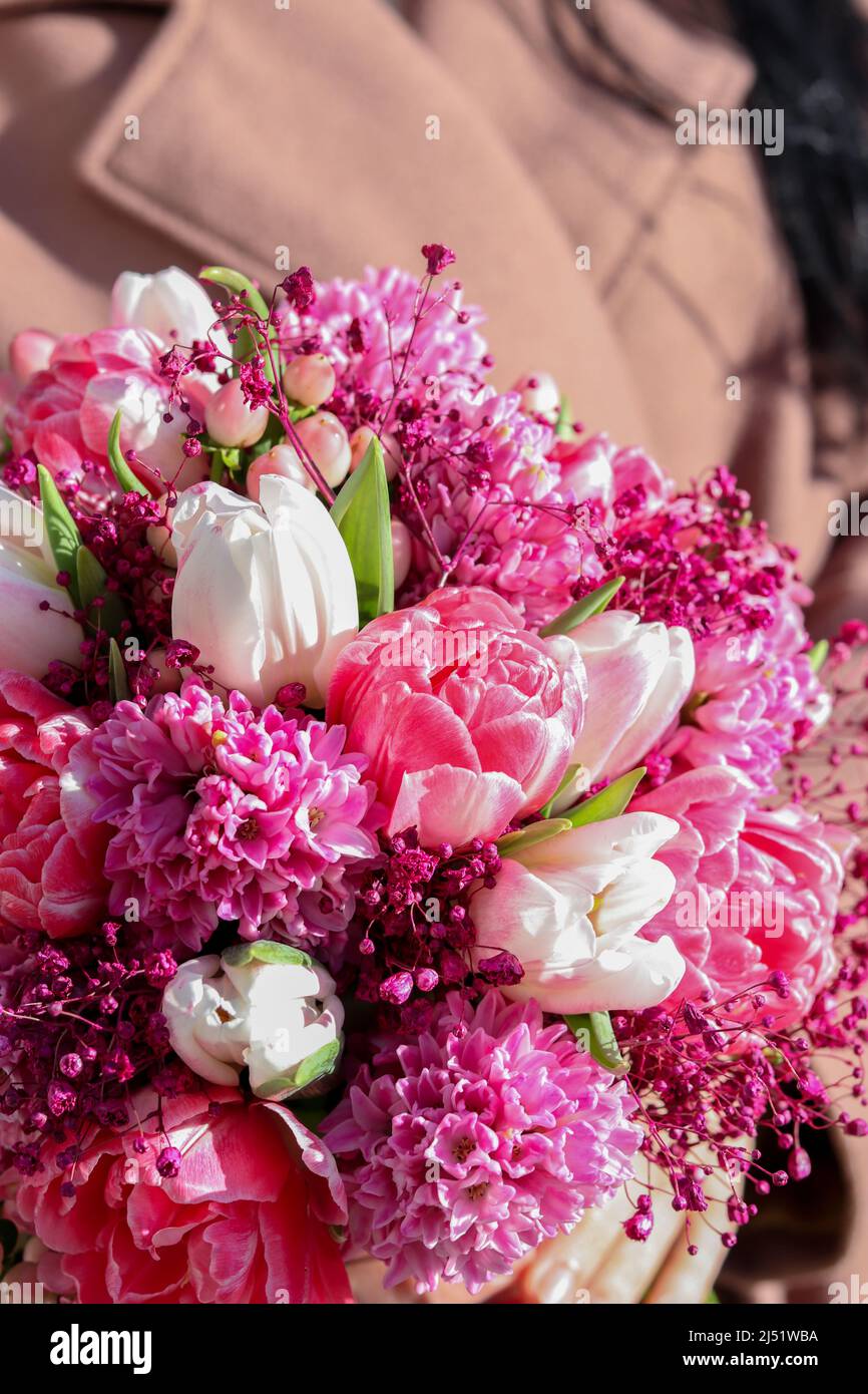 Beautiful bridal bouquet in pink lilac tones made of hyacinth, tulips ...