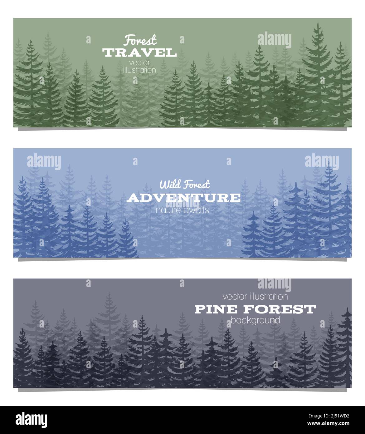 Forest horizon banners. Pine trees backgrounds vector illustration. Taiga panorama greenwood, evergreen wood in mist Stock Vector