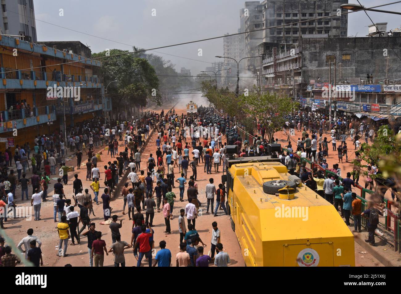 Police gather use tear gas shells to disperse students from Dhaka college after they clashed with the New Market traders in Dhaka on April 19, 2022. Photo by Habibur Rahman/ABACAPRESS.COM Credit: Abaca Press/Alamy Live News Stock Photo