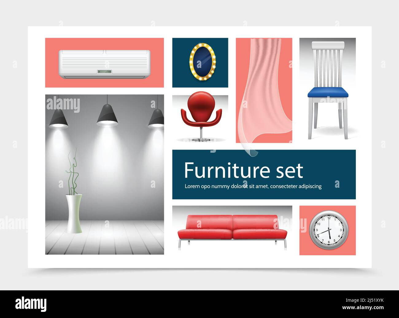 Realistic house interior elements collection with air conditioner ...