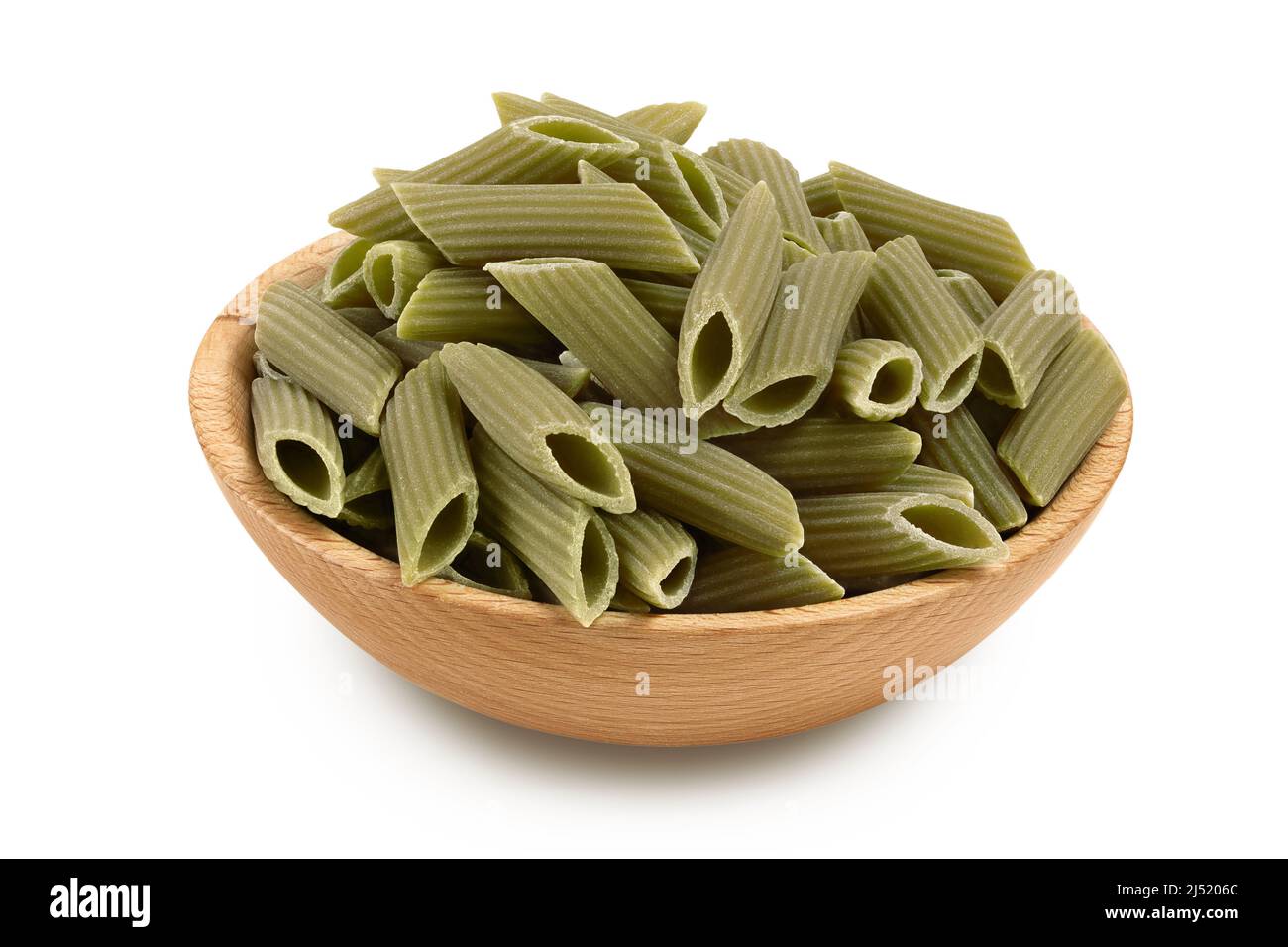 Green pea penne pasta in wooden bowl isolated on white background with clipping path. Organic food speciality. Gluten free. Top view. Flat lay Stock Photo