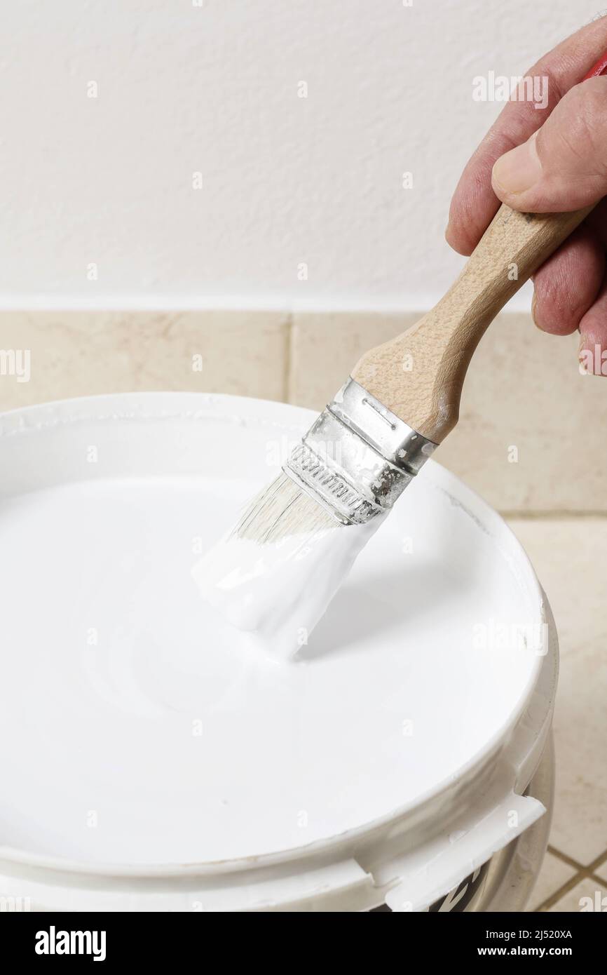 Brush and plastic bucket with white paint. Hobby time Stock Photo