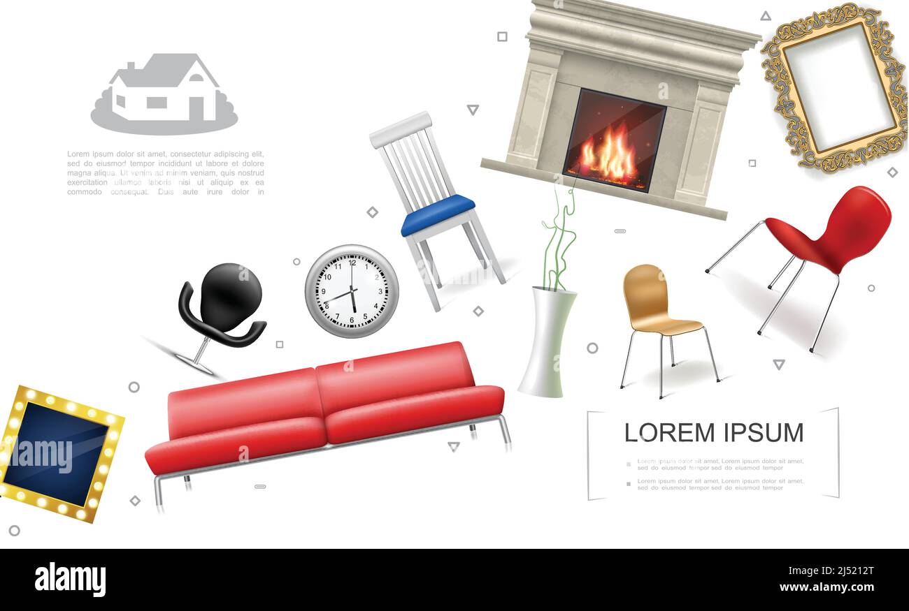 Realistic house interior elements concept with sofa fireplace chairs ...