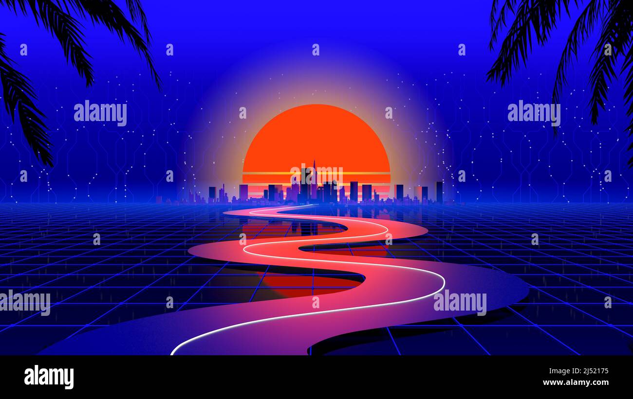 Retro wave city background. Neon night landscape with a futuristic city in the style and aesthetics of the 80s and 90s. Synthwave, cyberpunk, computer video games, concept. High quality illustration Stock Photo