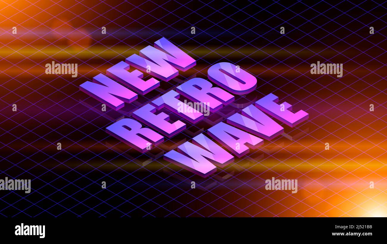 Retro synthwave background. 3d neon grid and new retro wave inscription on a dark night background. Stylistics of the 80s, computer games and electronic music. High quality 3d illustration Stock Photo