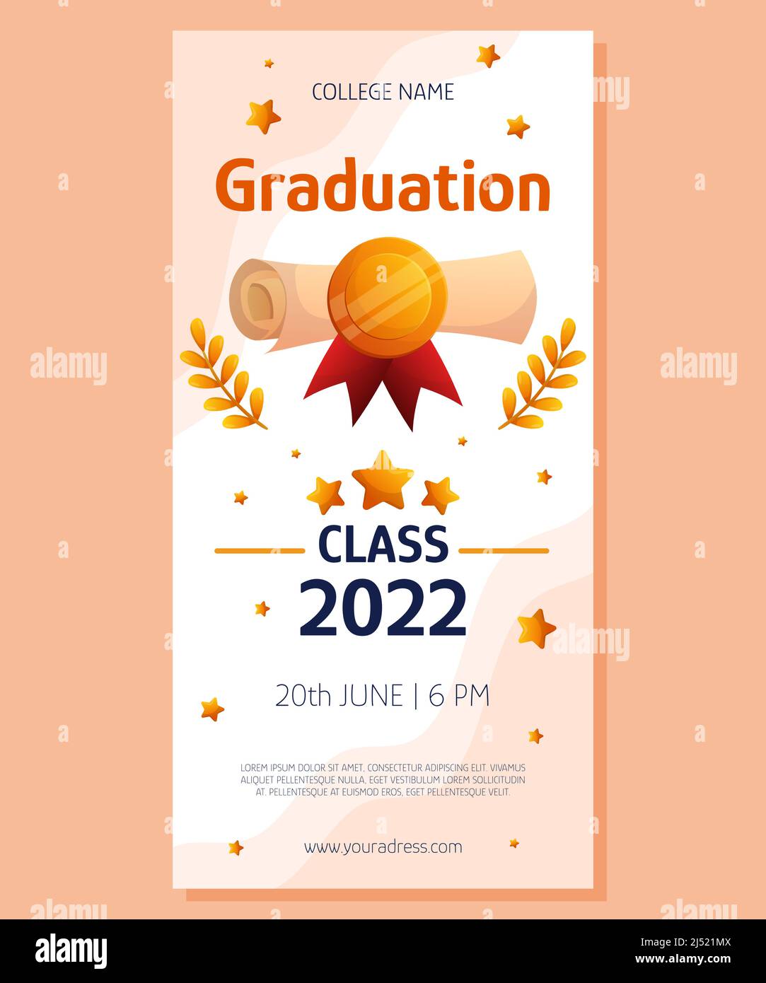 Graduation vertical banner with script, red ribbon and golden medal. Vector layout invitation template. Degree ceremony invite. Student greeting design. Stock Vector