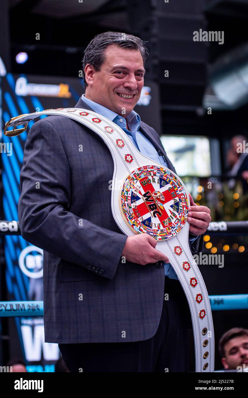 LONDON, ENGLAND - APRIL 19: Mauricio Sulaiman Unveils a special belt to go to the winner of Saturday Nights main event during the Open Workout prior to Fury vs Whyte for the WBC Heavyweight Title on April 19, 2022 at Wembley Stadium in London, England, United Kingdom. (Photo by Matt Davies/PxImages) Credit: Px Images/Alamy Live News Stock Photo