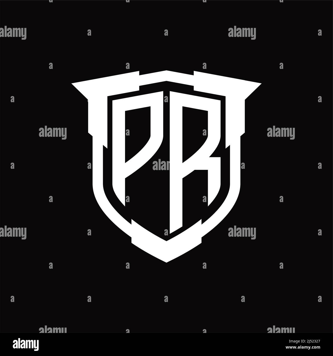 PR Logo monogram letter with shield shape design template Stock Vector