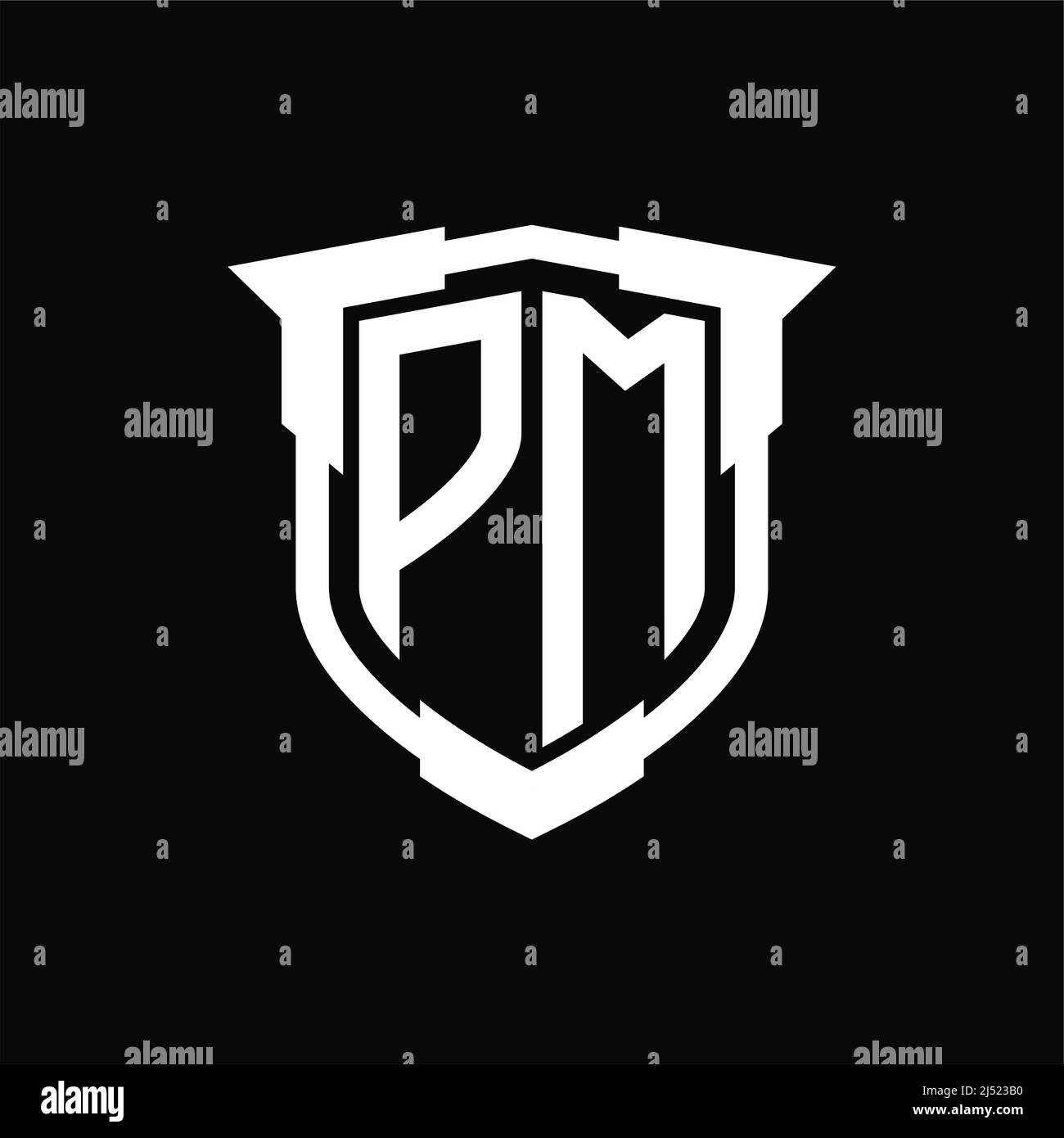 PM Logo monogram letter with shield shape design template Stock Vector