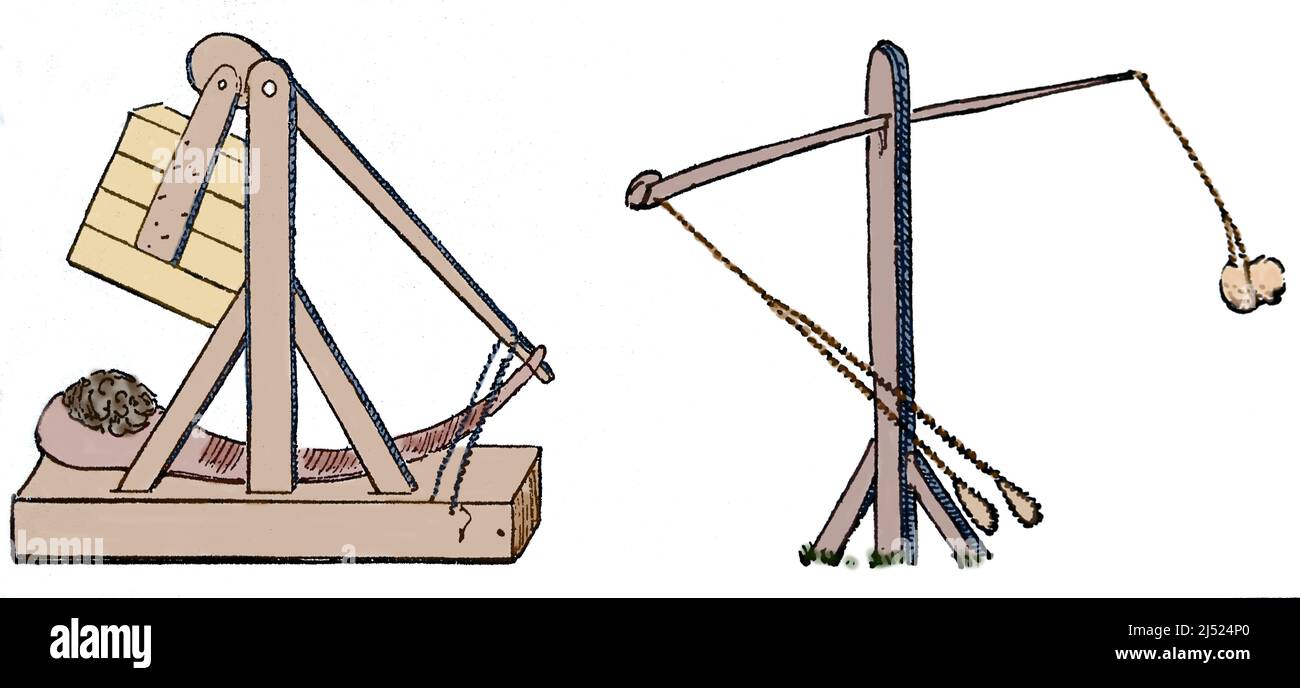 Catapult. Ancient stone hurling machines. Stock Photo