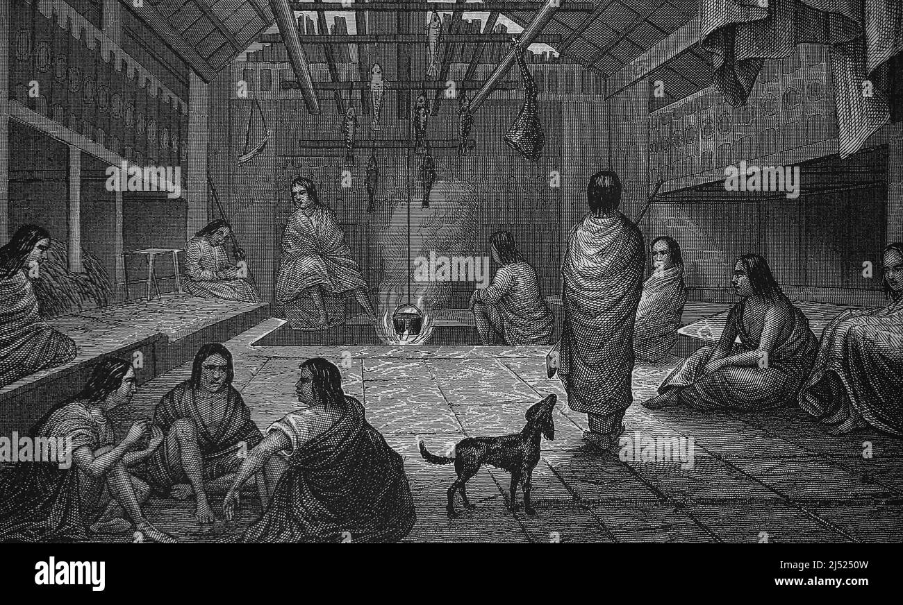 Dwelling of the chinook. Longhouse. Indigenous peoples of the Pacific Northwest Coast. Stock Photo