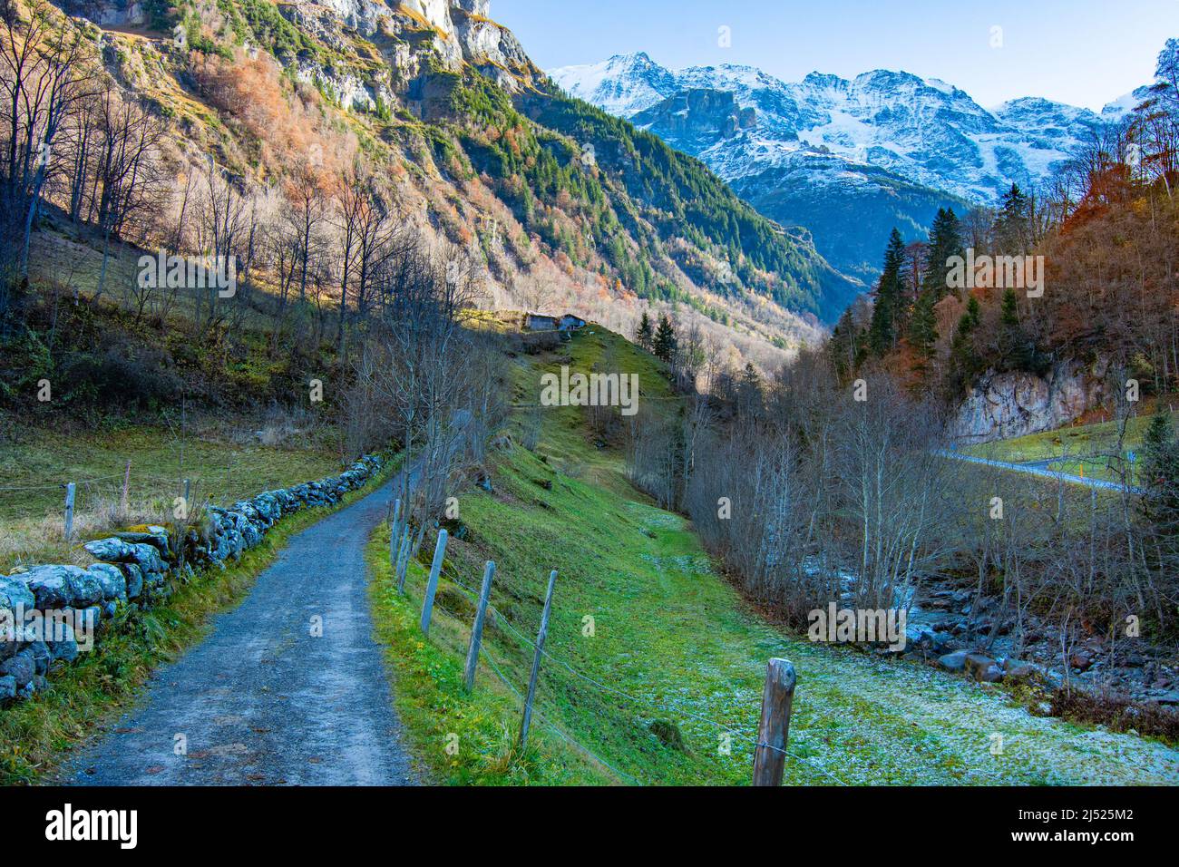 Lauterbrunen Valey and the path to the mountains in Stechelberg Stock Photo