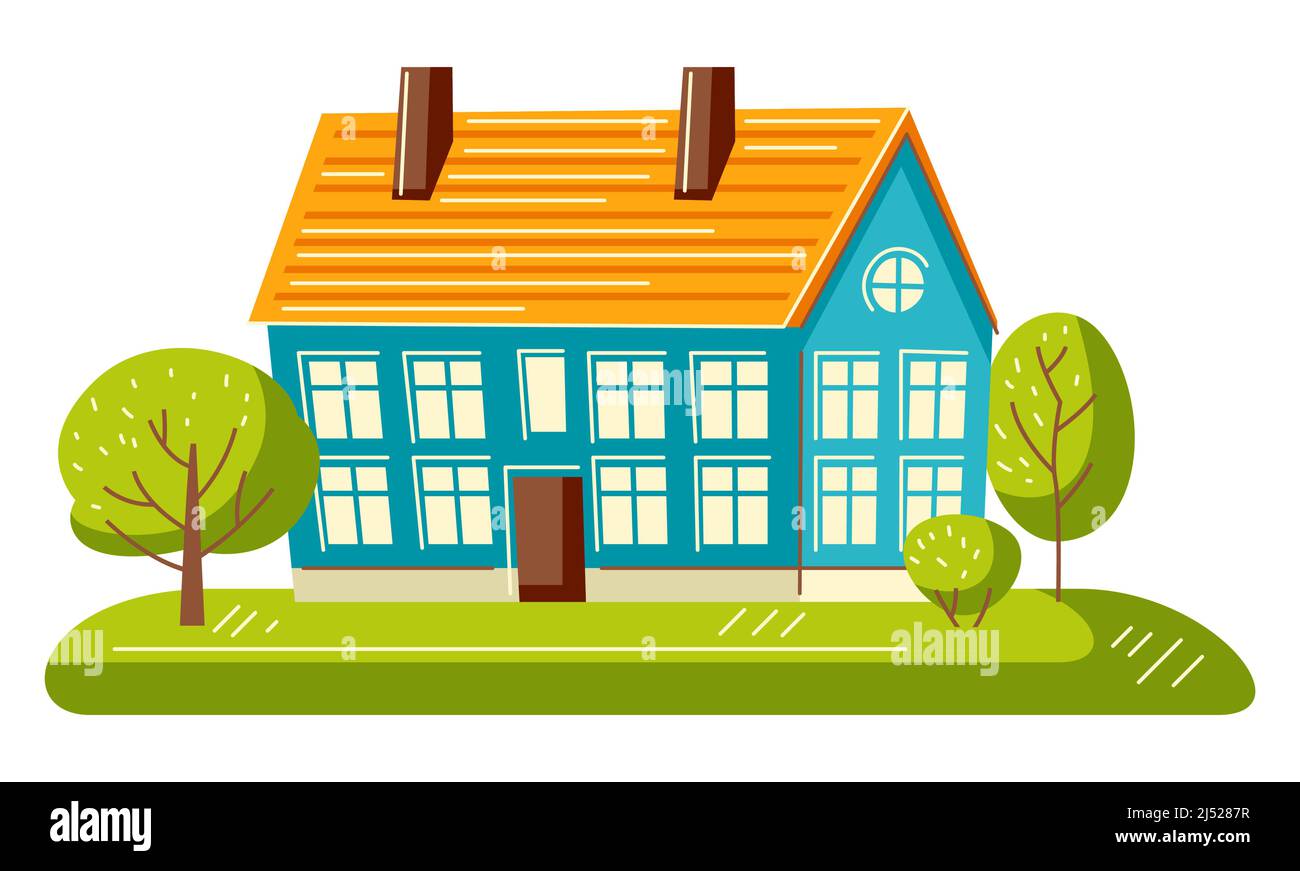 Background with cute houses and trees. Country colorful cottage illustration. Stock Vector