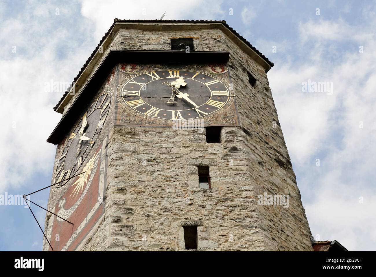 Rapperswil, Switzerland - May 10, 2016: Built of stone the Clock Tower is shown up close. It is a part of the Castle that was built in the early 13th Stock Photo