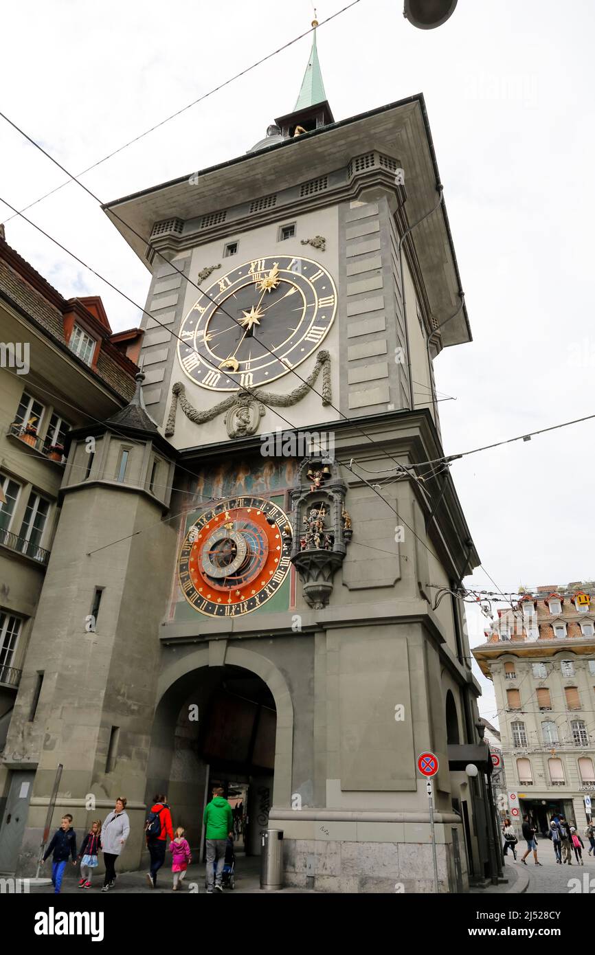 Bern, Switzerland - April 17, 2017: The clock tower known as the Zytglogge is the most visited monument in the city, and it owes its fame to the astro Stock Photo