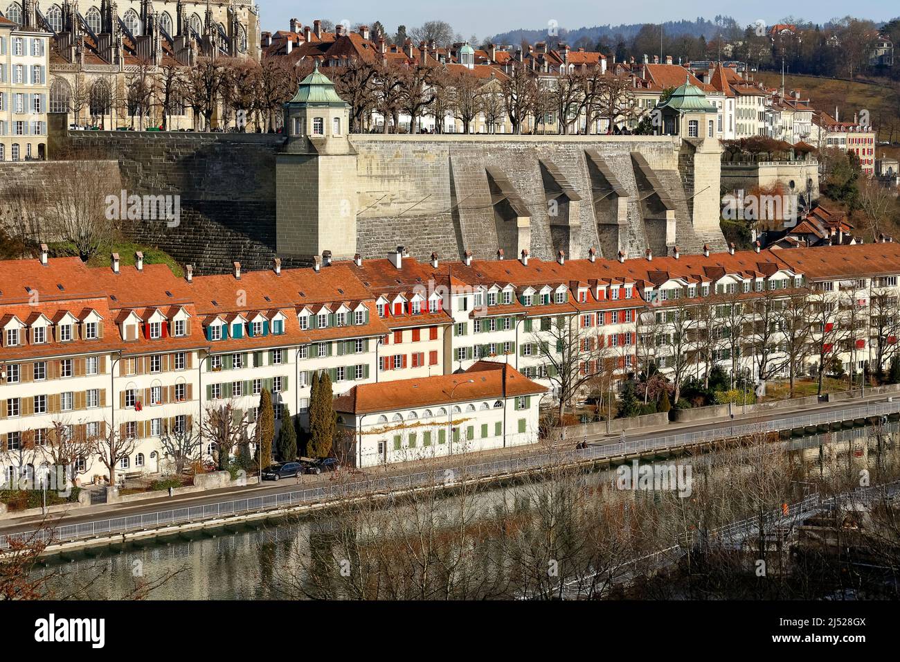 Bern, Switzerland - December 22, 2015: Muenster platform is a rectangular square, surrounded by balustrades made of sandstone and there are corner pav Stock Photo