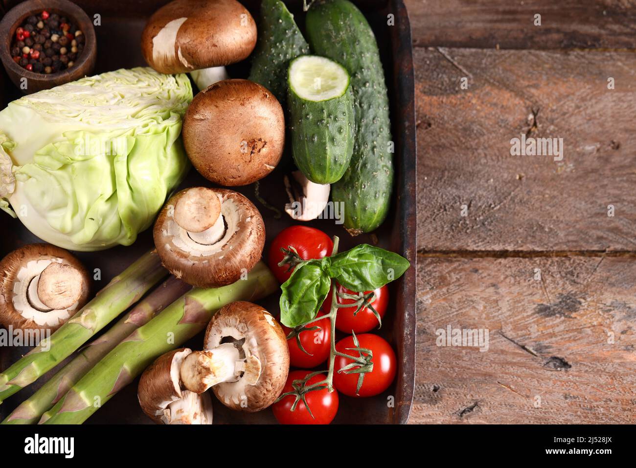 organic rustic vegetables harvest - asparagus, tomatoes, greens Stock ...