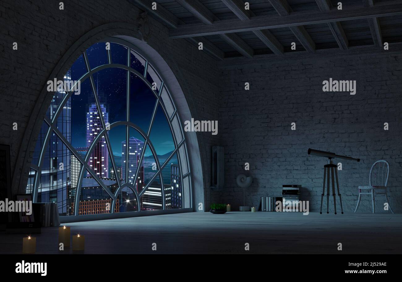 Loft style attic interior huge arched window Stock Photo Alamy